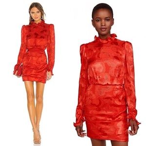 Saloni Rina B‎ Mini Dress Women’s 2 Silk Jacquard Ruffle Puff Sleeve Hot Coral